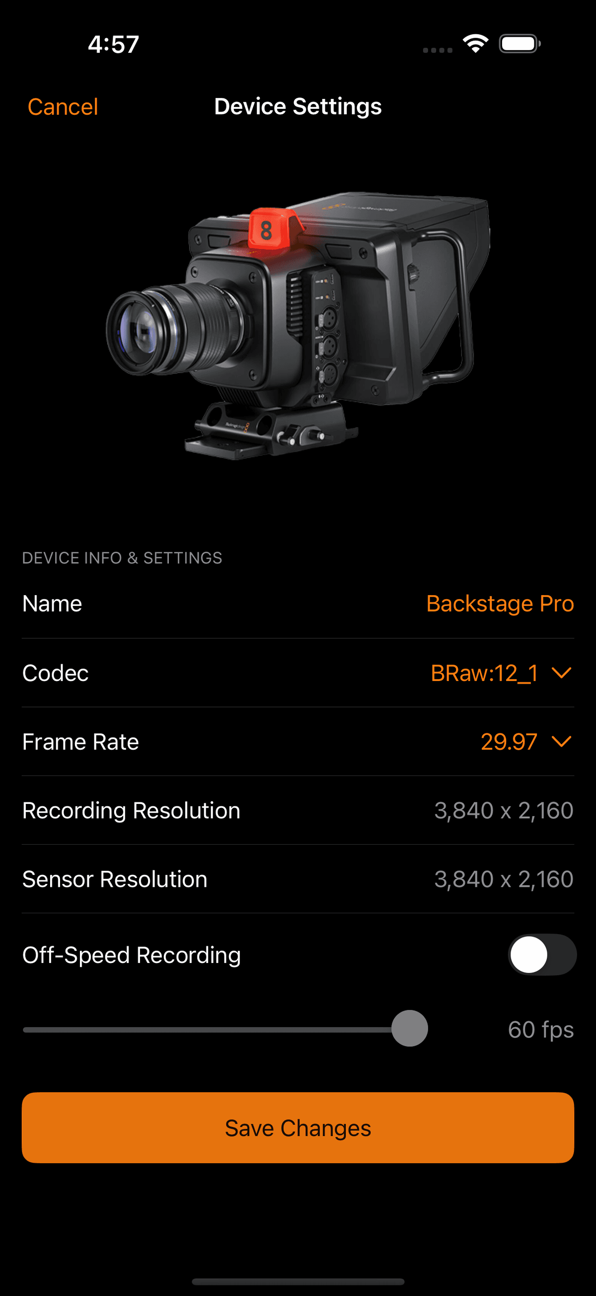 Device settings screen with resolution and codec options