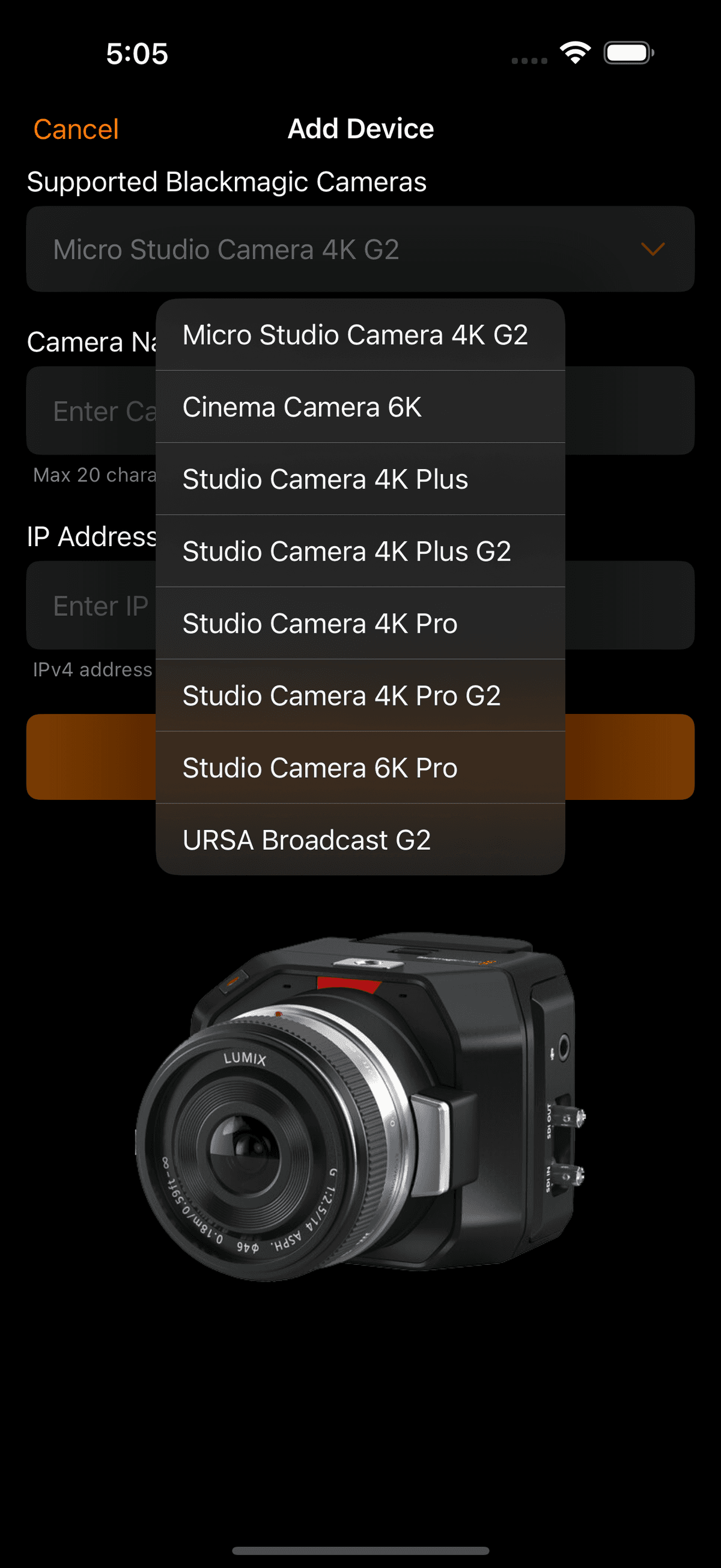 Camera selection screen with Blackmagic camera models