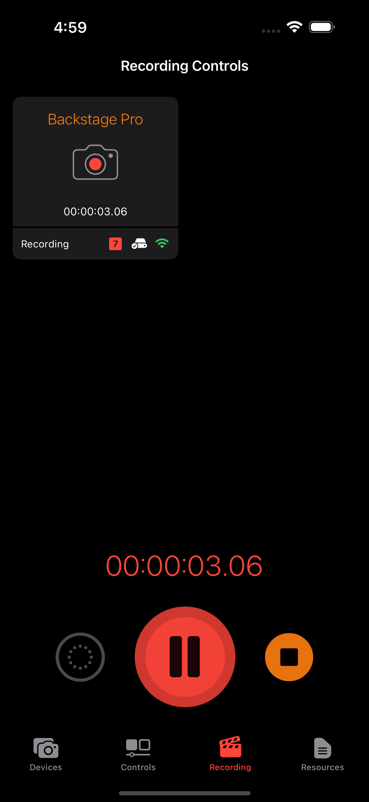 Recording controls with timer and status indicator