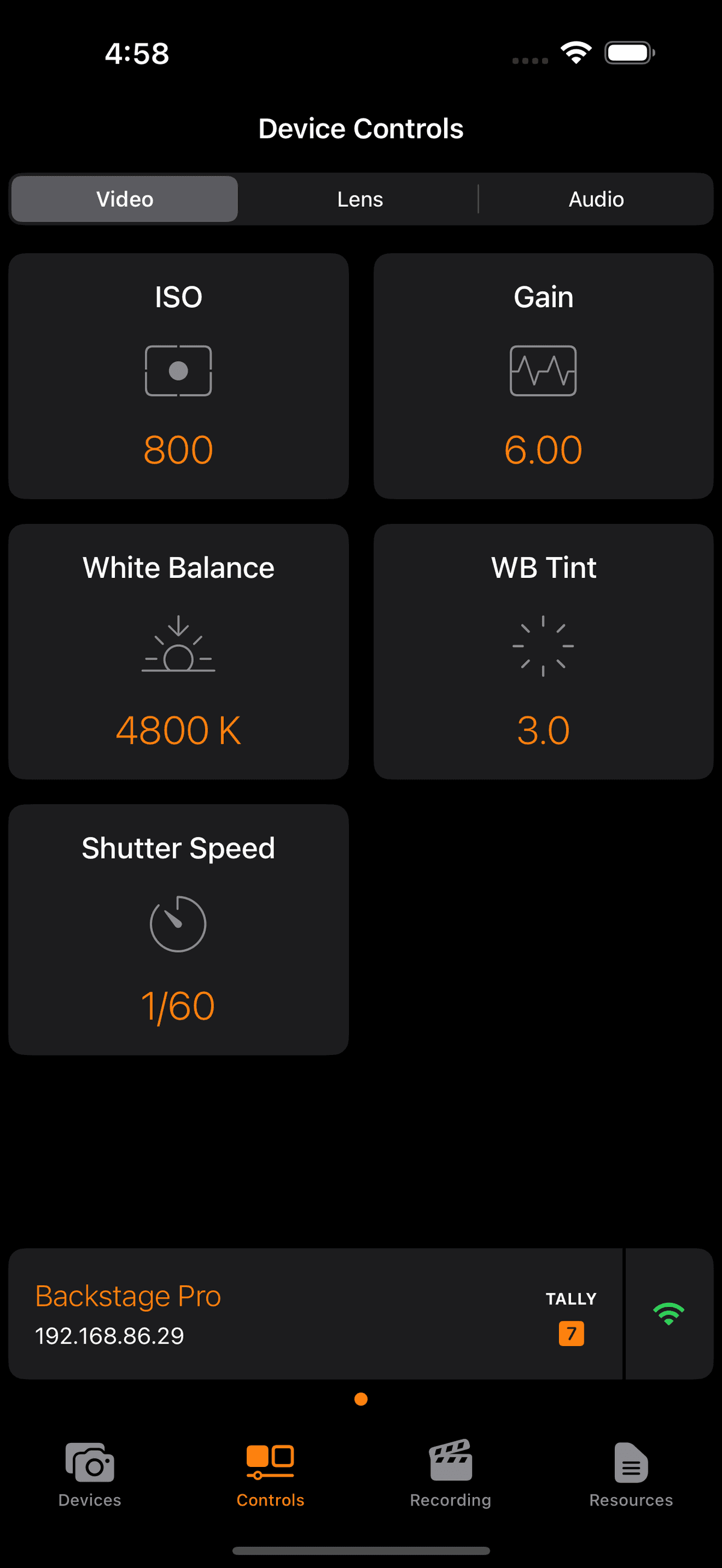 Video controls UI showing ISO, white balance, gain, and shutter speed